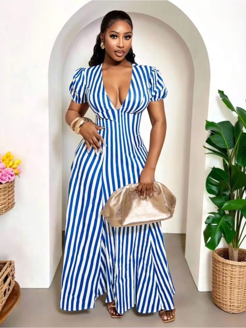 Blue and White Striped V-Neck Maxi Dress - 8/10 - Picture 4 of 6